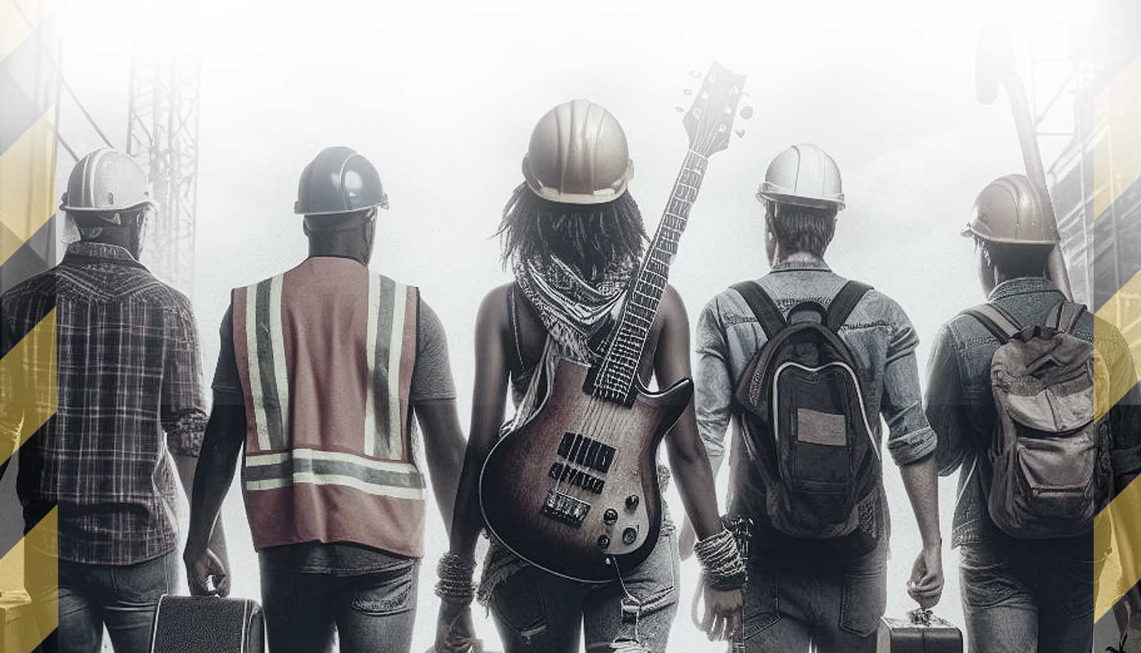 construction workers with musical instruments